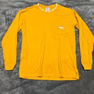 Victoria's Secret PINK Long Sleeve Pocket T-Shirt Yellow Logo Graphic XS